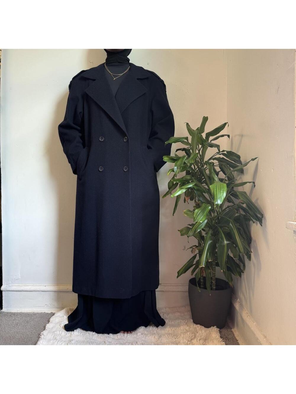 90s unisex Dark Academia Pure Wool Maxi navy Trench Coat size 16